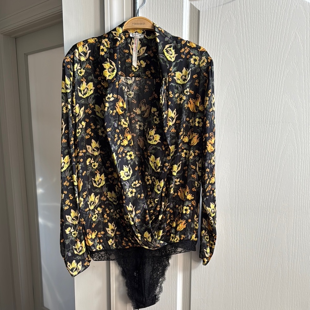 FREE PEOPLE Black and Yellow Floral Women's bodysuit
